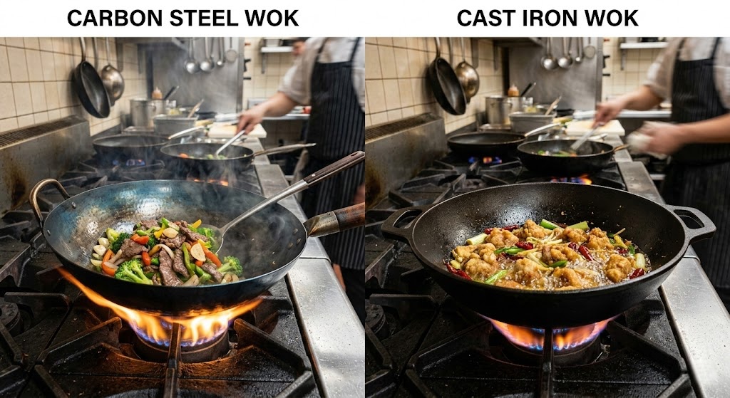 Side-by-side comparison of carbon steel and cast iron woks showing size and material differences for home cooks