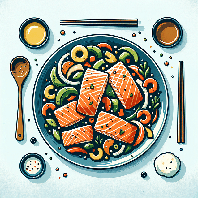 clean plate presentation of salmon stir fry