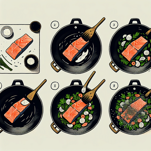 garnished salmon stir fry with herbs and sesame seeds