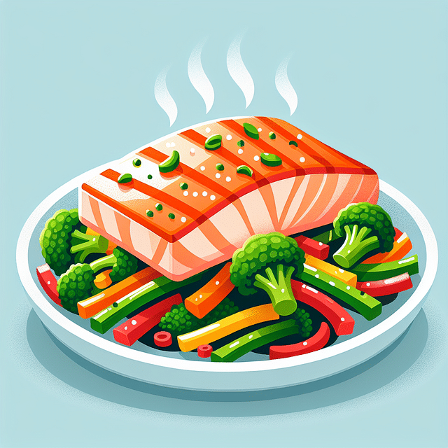 cooked salmon fillet on top of stir-fried vegetables