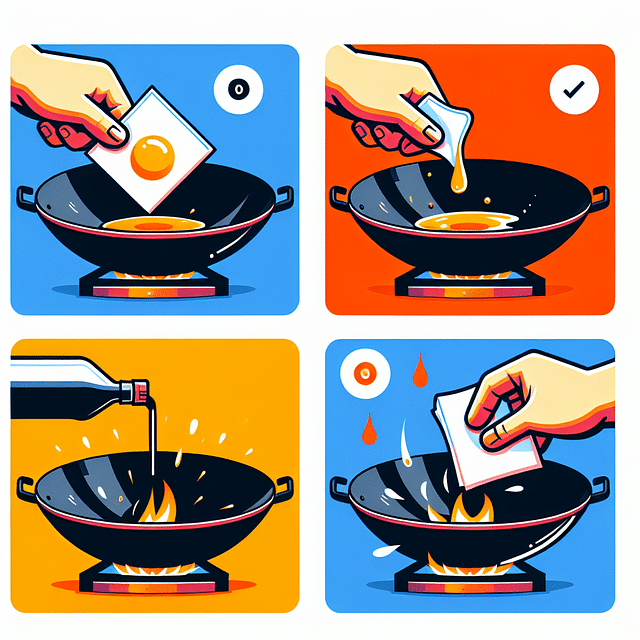 applying oil to a wok with paper towels