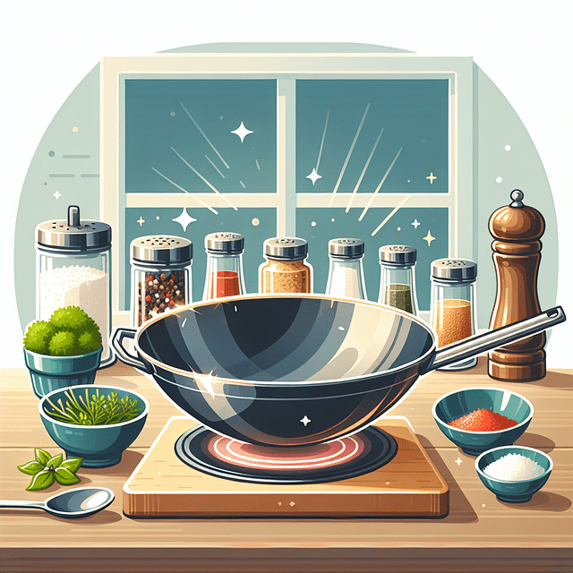 kitchen counter with new wok and seasoning supplies