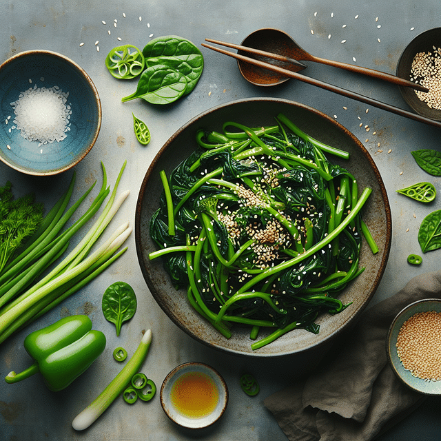 stir-fried Asian greens garnished with sesame seeds and green onions