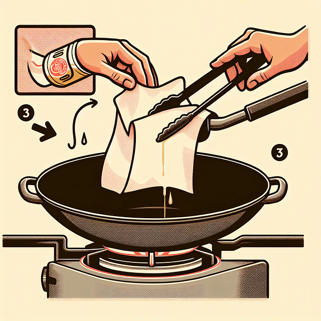 applying oil to a wok with a paper towel and tongs