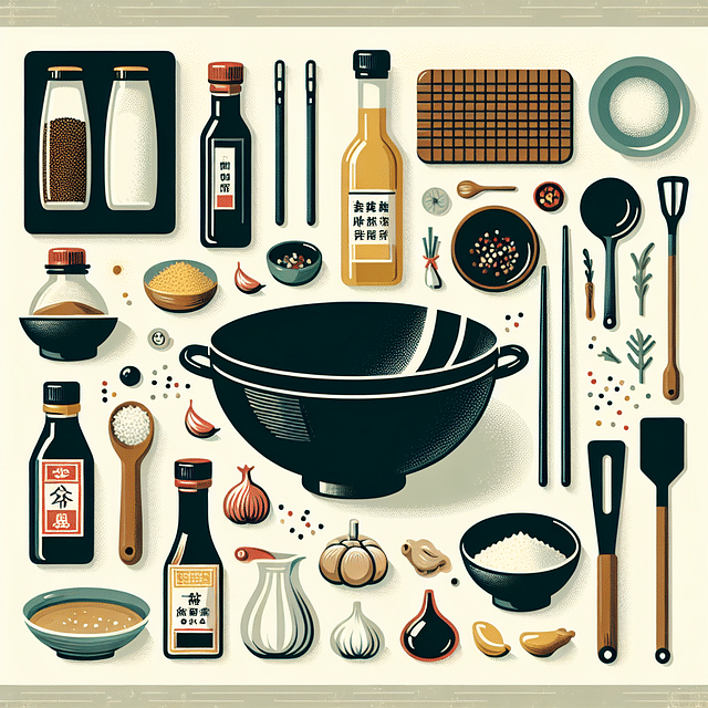 array of wok seasoning supplies on a kitchen counter