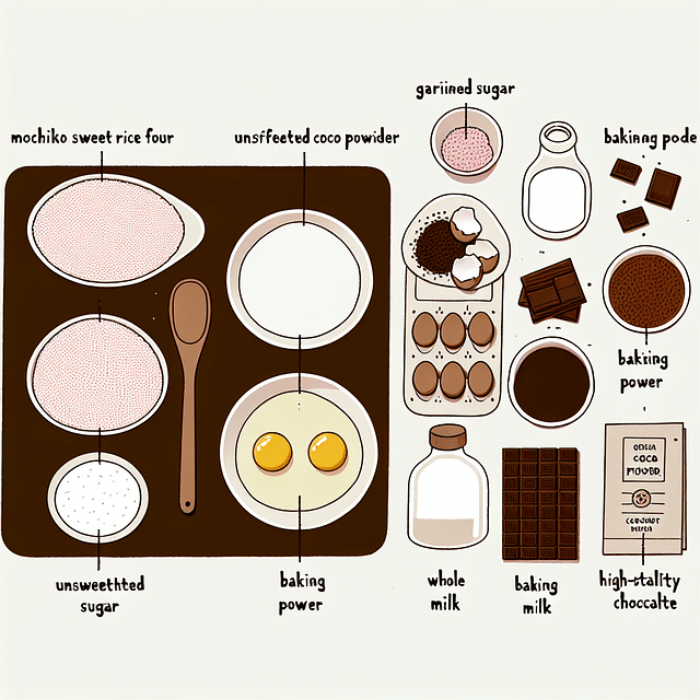 ingredients for chocolate mochi cake on a kitchen counter