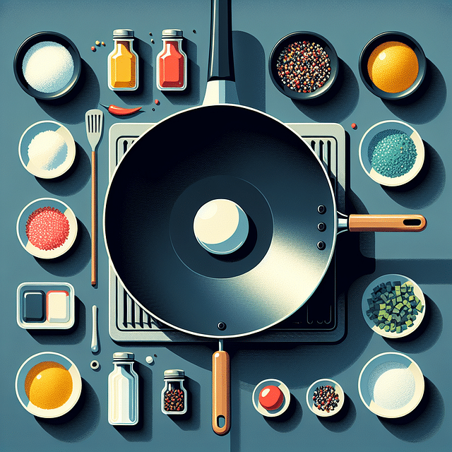 new wok and seasoning supplies on a kitchen counter