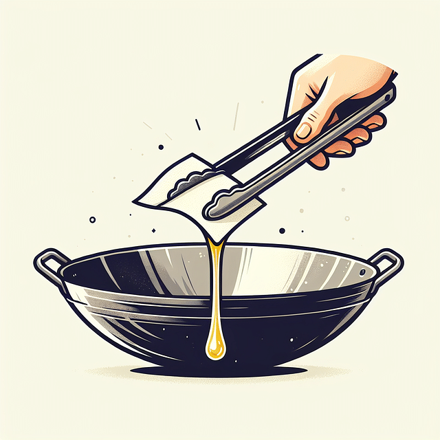 oiling a wok with paper towel and tongs
