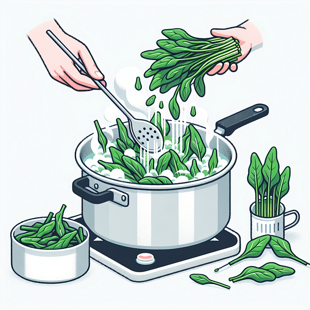 Asian greens being blanched in boiling water