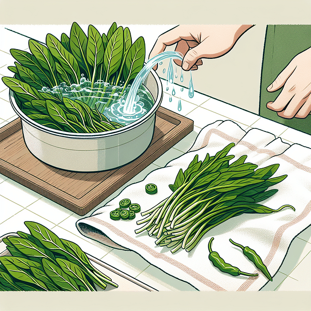 Asian greens being drained and dried on a towel