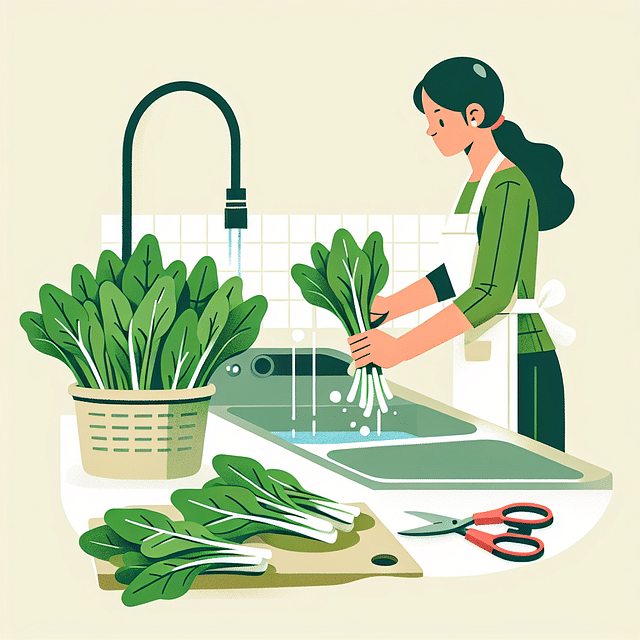 Asian greens being washed and trimmed in preparation for cooking