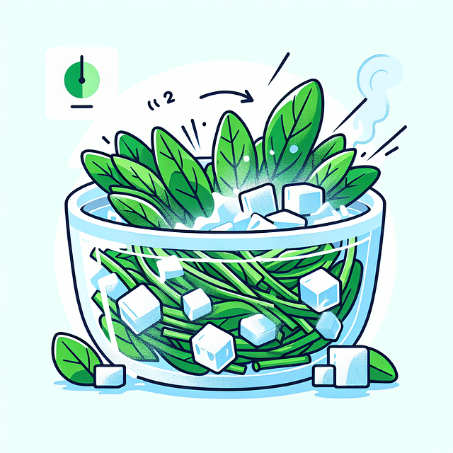 Blanched Asian greens being shocked in an ice bath