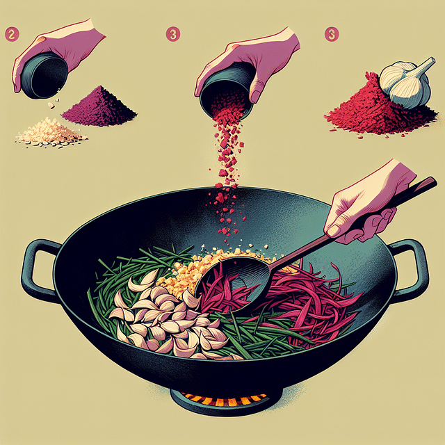 adding garlic and ginger to stir-fry in a wok