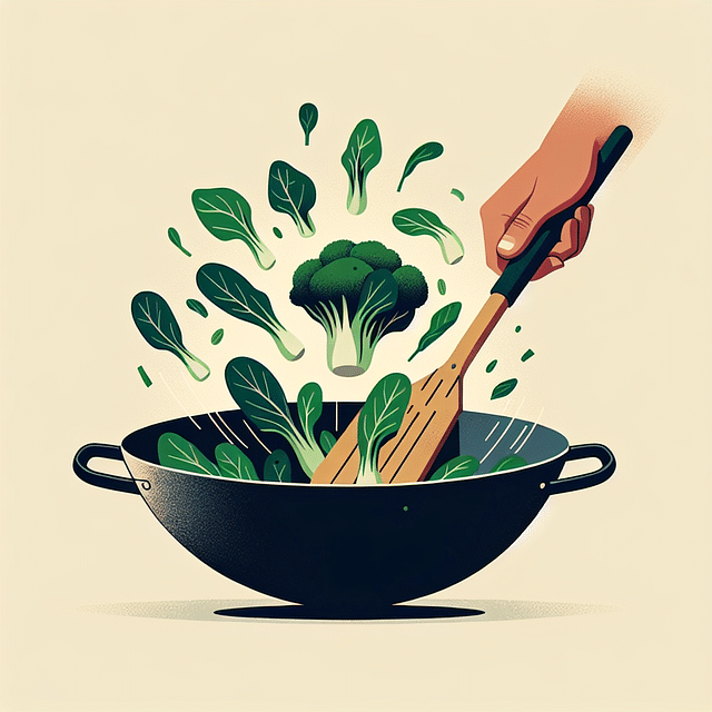 final toss of Asian greens in a wok