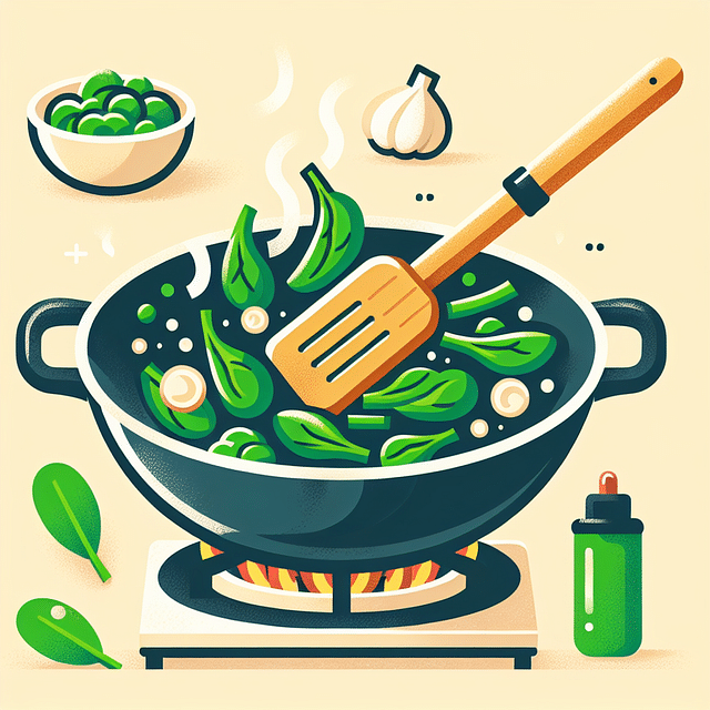 stir-frying Asian greens in a wok