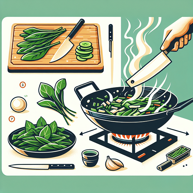 Prepped Asian greens being added to a hot wok for stir-frying
