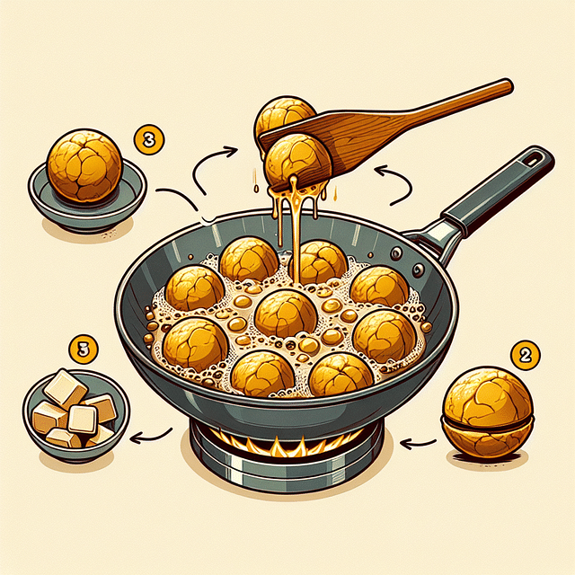 golden brown ice cream balls frying in wok