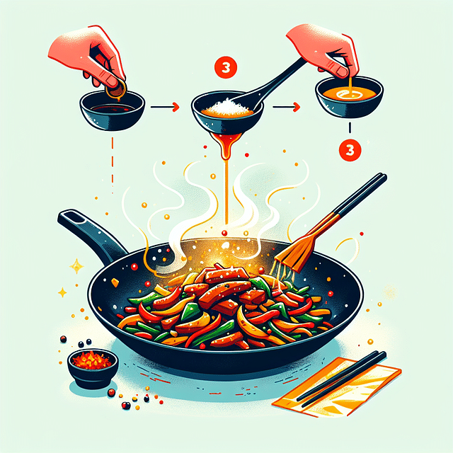 wok dish with a final drizzle of sauce and sprinkle of spices