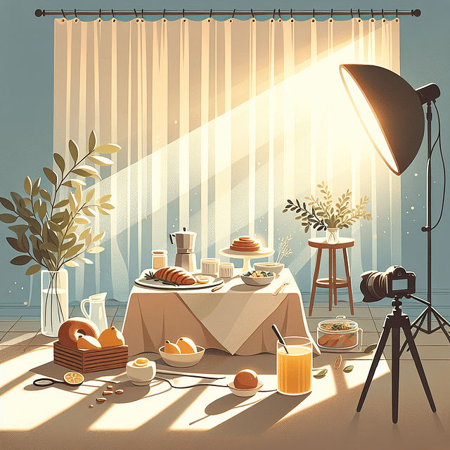 sheer curtain diffusing sunlight in a food photography scene
