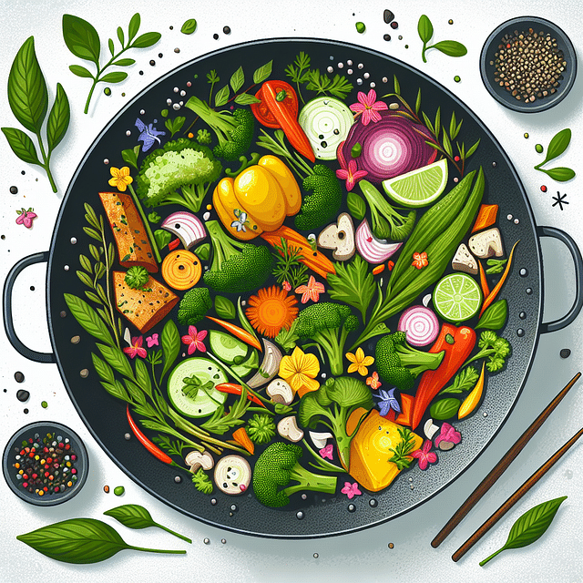 wok dish garnished with fresh herbs and edible flowers