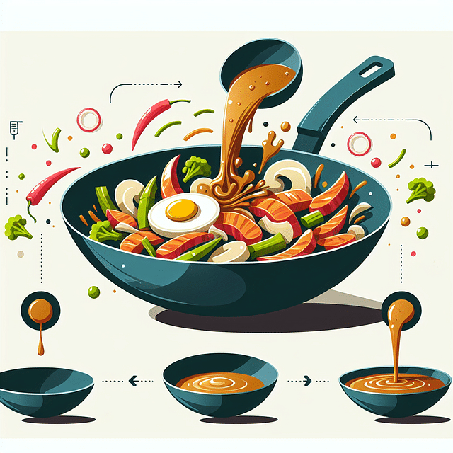 wok dish with layered textures and flowing sauce