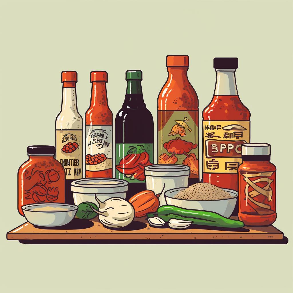 A collection of Asian Zing sauce ingredients neatly arranged on a kitchen counter.
