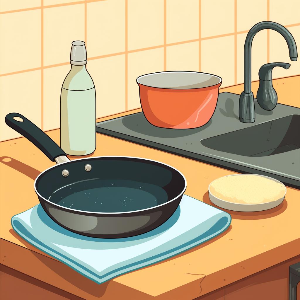 A clean cast iron wok on a kitchen counter next to a sponge and soap.