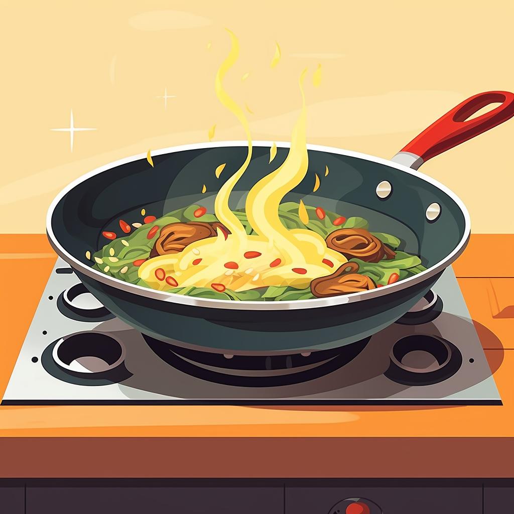 A cast iron wok on a stove, with light smoke rising from it.