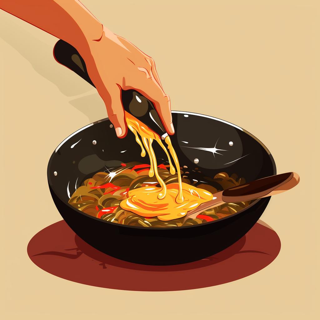 Hand applying oil to the heated wok using a brush.