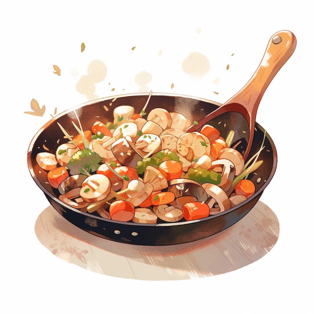Garlic, ginger, meat, and vegetables being added to a wok.