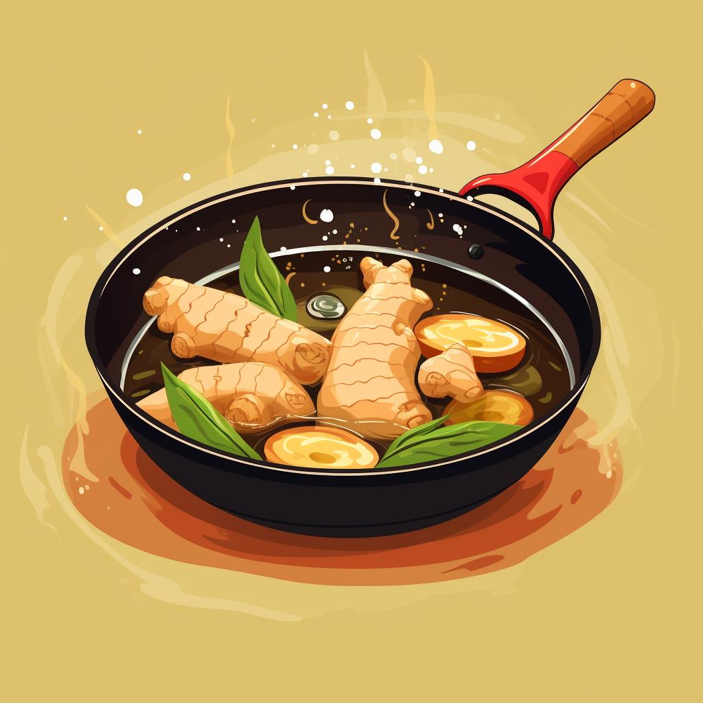 Ginger being added to hot oil in a wok.