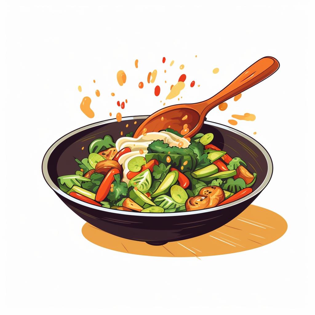 Sauce being poured over stir-fried vegetables and protein in a wok.