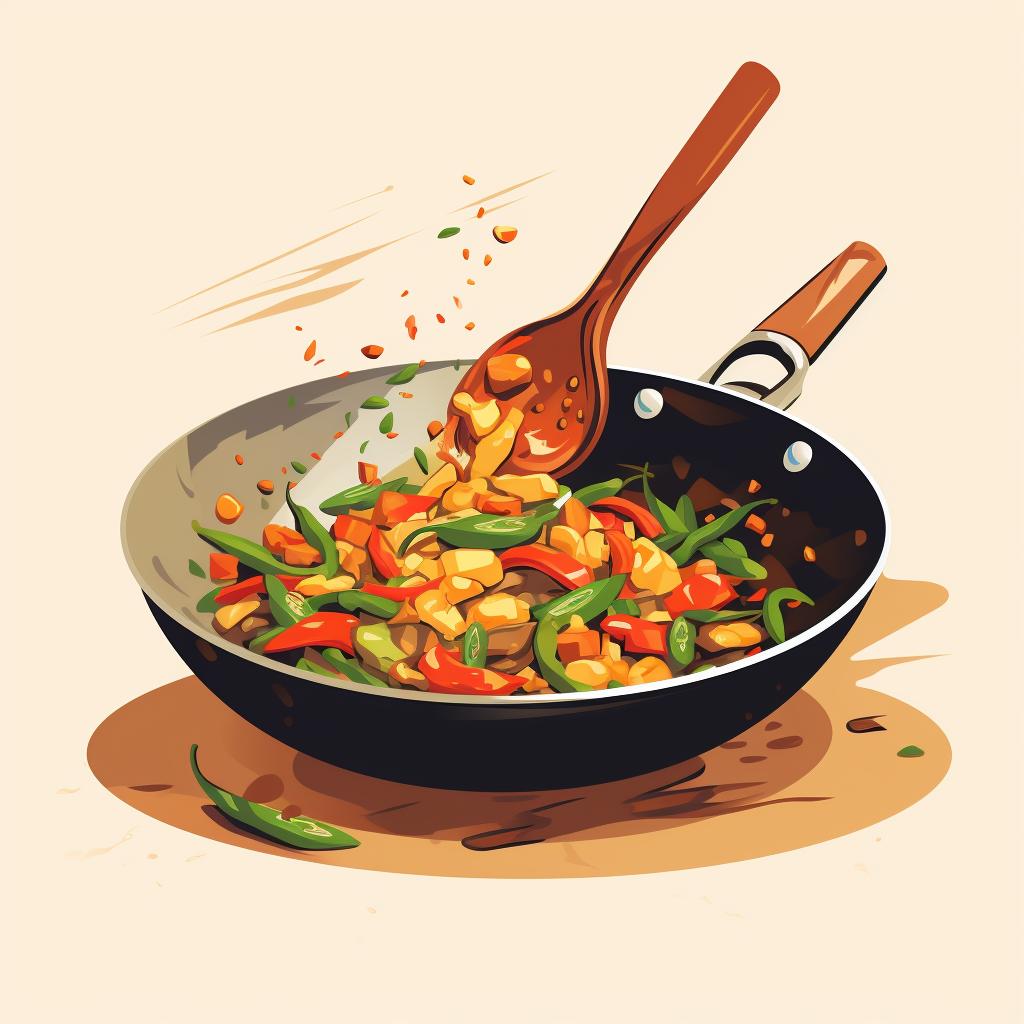 Protein being stir-fried in a wok.