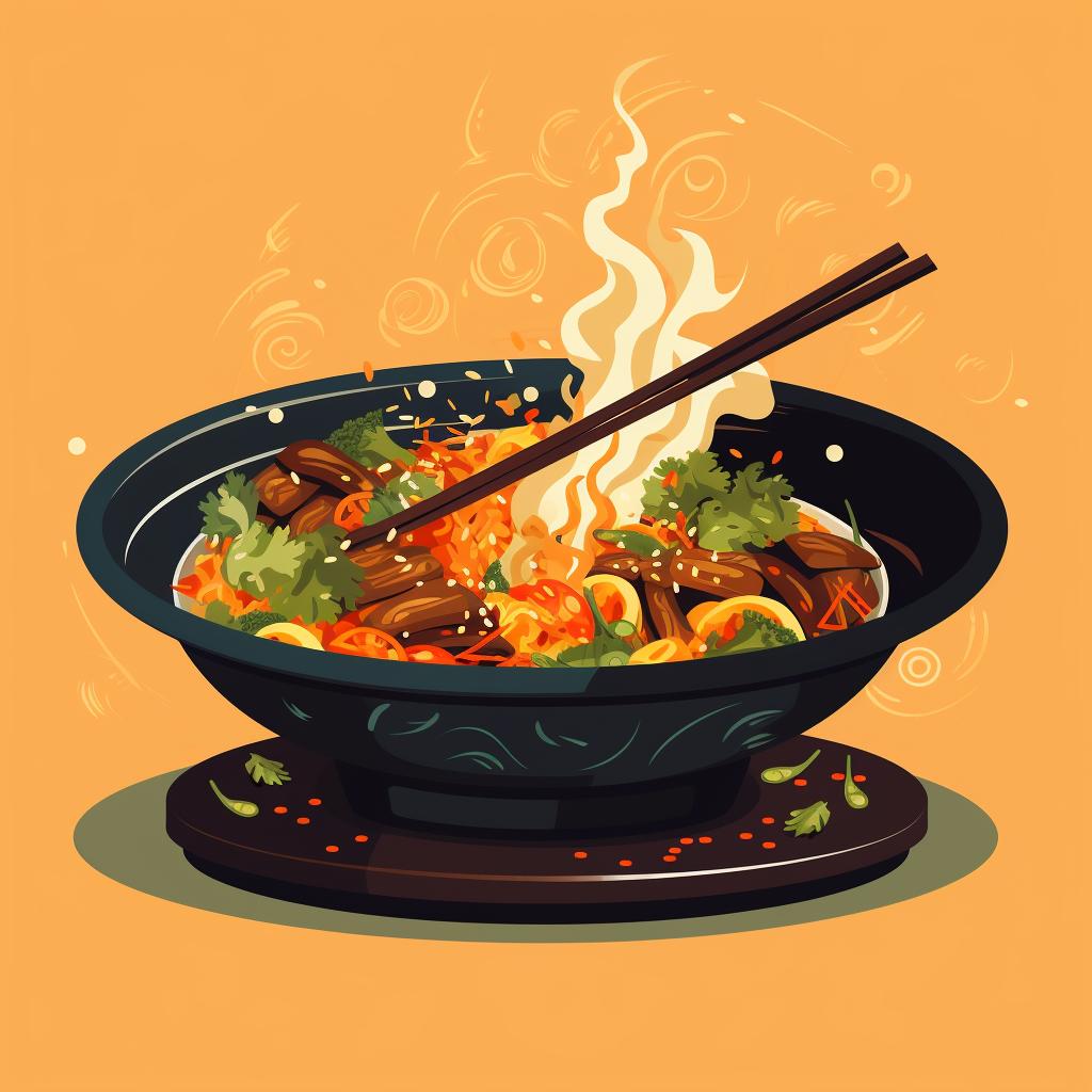 A steaming hot wok dish being served onto a plate.