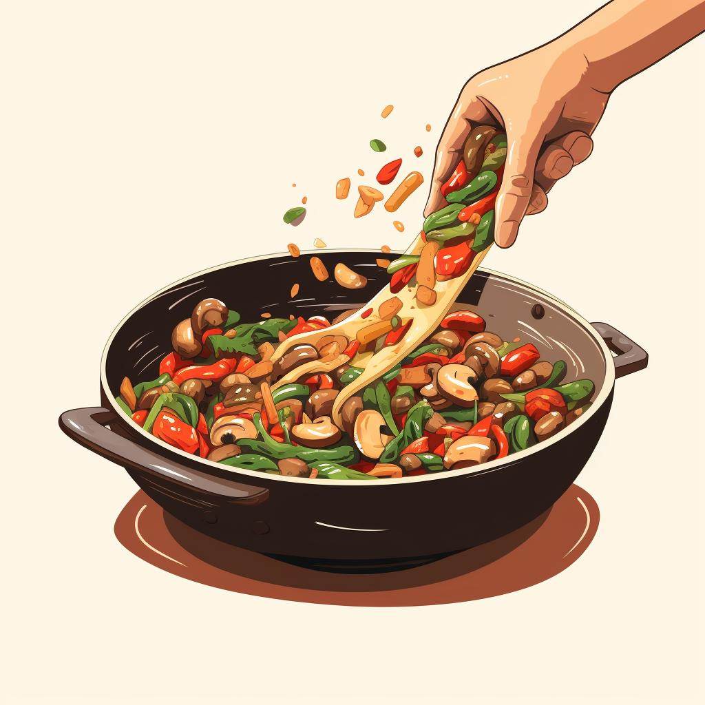 Hand using a spatula to stir-fry ingredients in a wok.