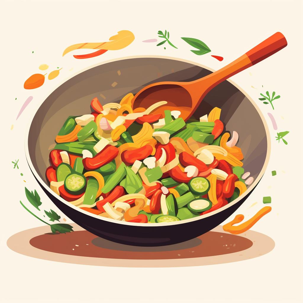 Colorful vegetables being stir-fried in a wok.