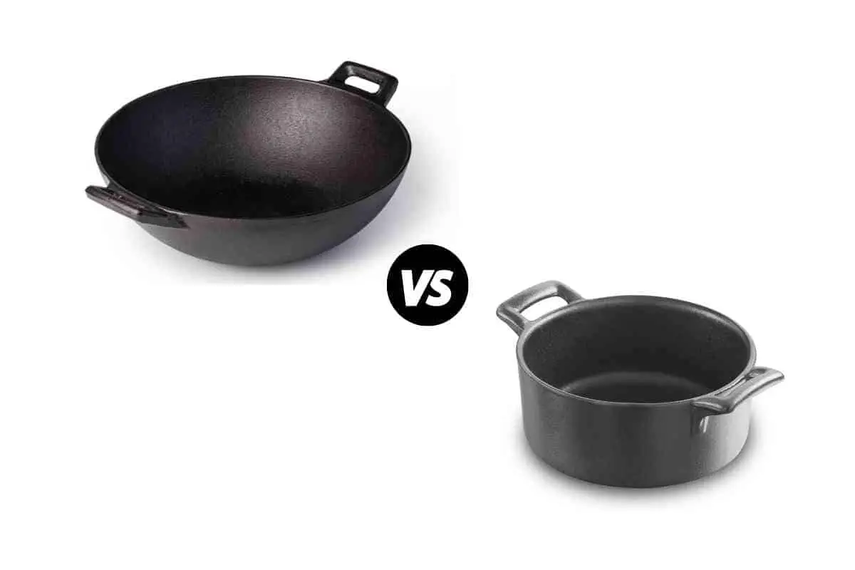 Comparison of a wok and a sauté pan highlighting their differences in shape and size